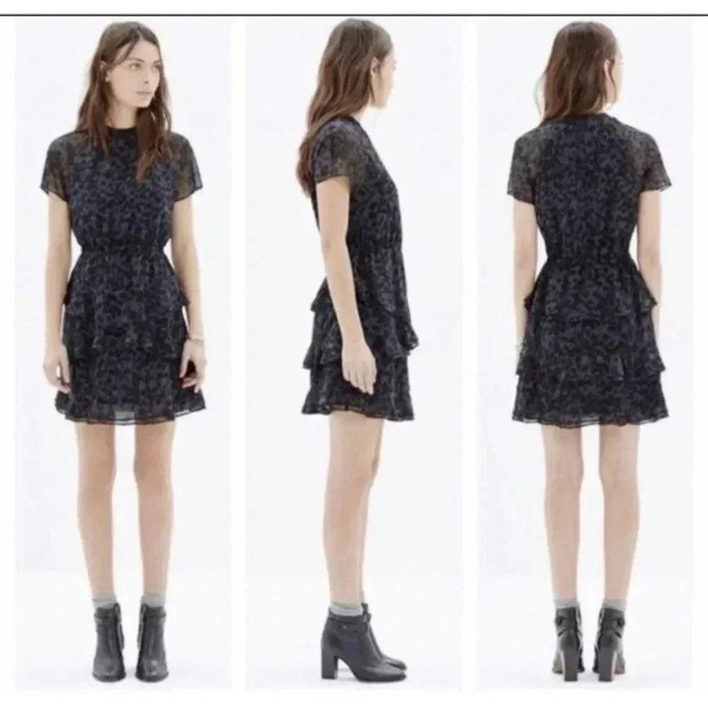 Madewell Radiant Dress Inkspot Leopard Tiered Short Sleeve Animal Print B5458